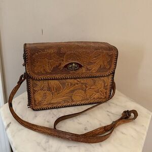 Vintage Hand Tooled Leather Handbag Brown Floral 9x6x3